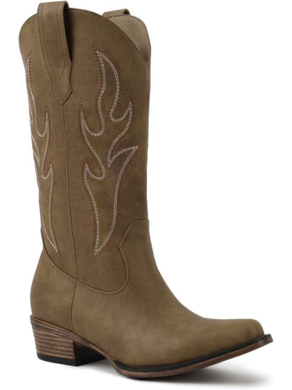 Women's Tan Square Toe Mid Calf Chunky Heel Classic Fall Western Cowgirl Boots